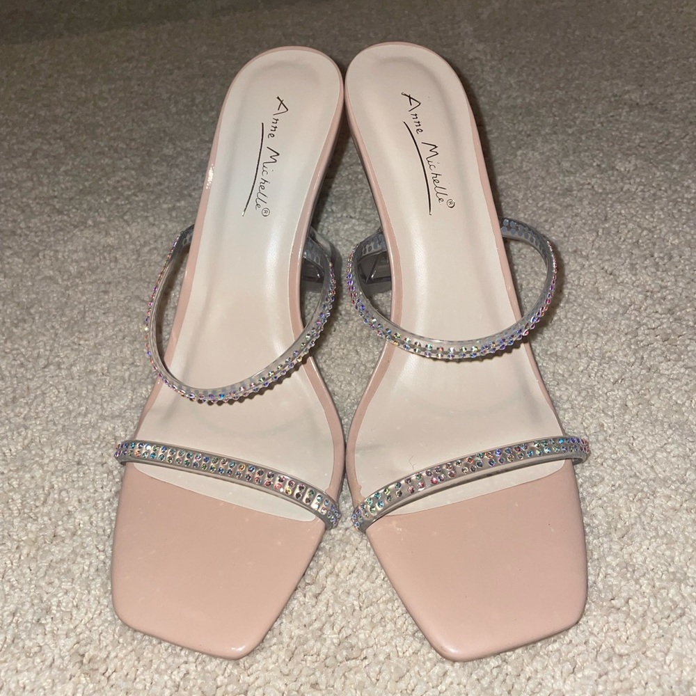 Nude rhinestone pyramid heels